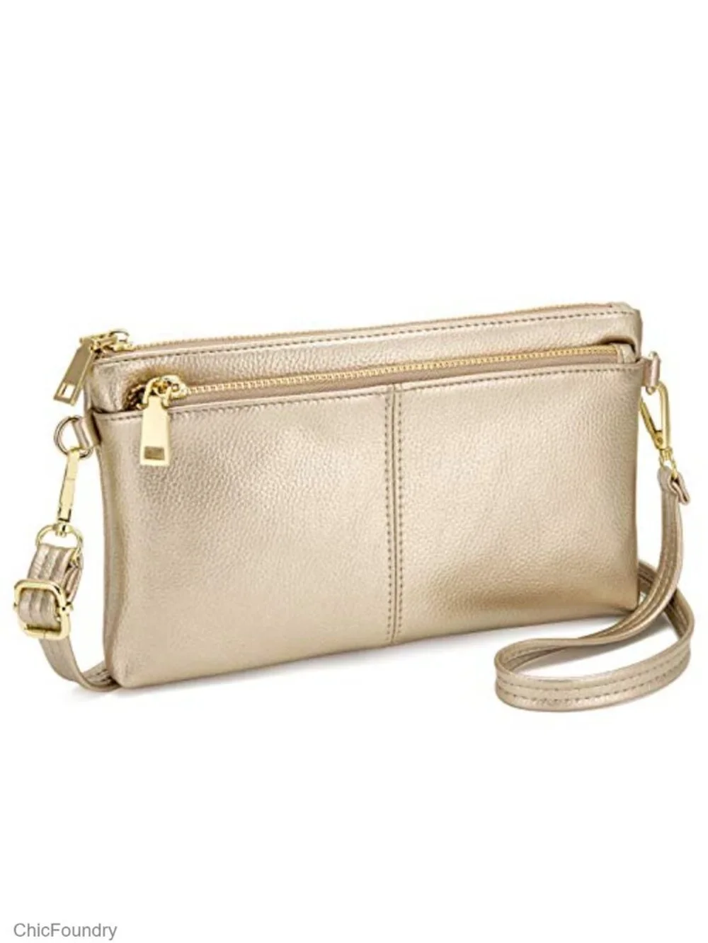 Triple Zip Small Crossbody Bag Vegan Leather Wristlet Clutch with Adjustable